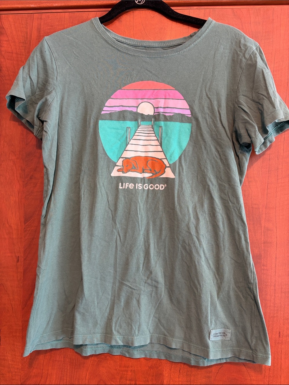 Life Is Good Teal Graphic Tee with Sunset Dock and Dog